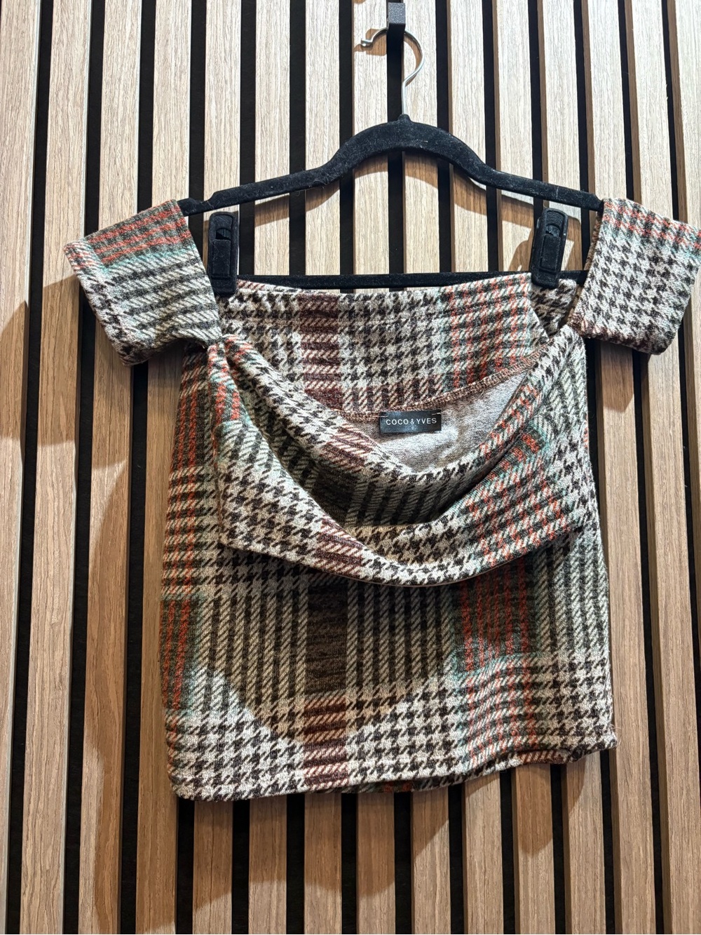 Coco & Yves Plaid Off-Shoulder Crop Top and Mini Skirt Set- Brown, Cream & Rust